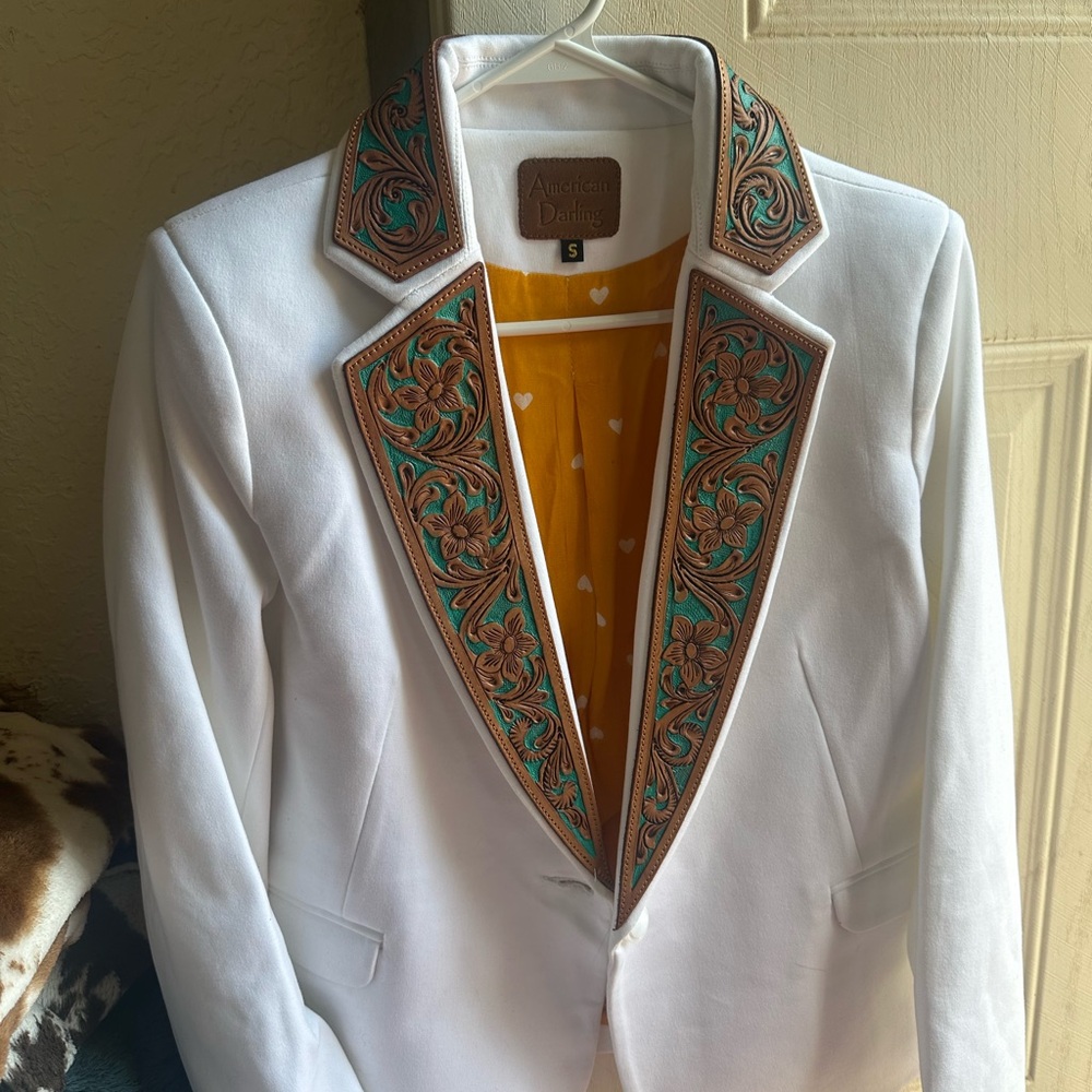 American Darling White Blazer with Brown and Green Embroidery